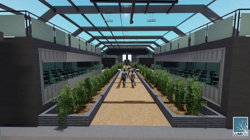 Architectural rendering of the inside of the Refugee Center and Small Business Incubator. The walkway is designed to be made from African clay..jpg