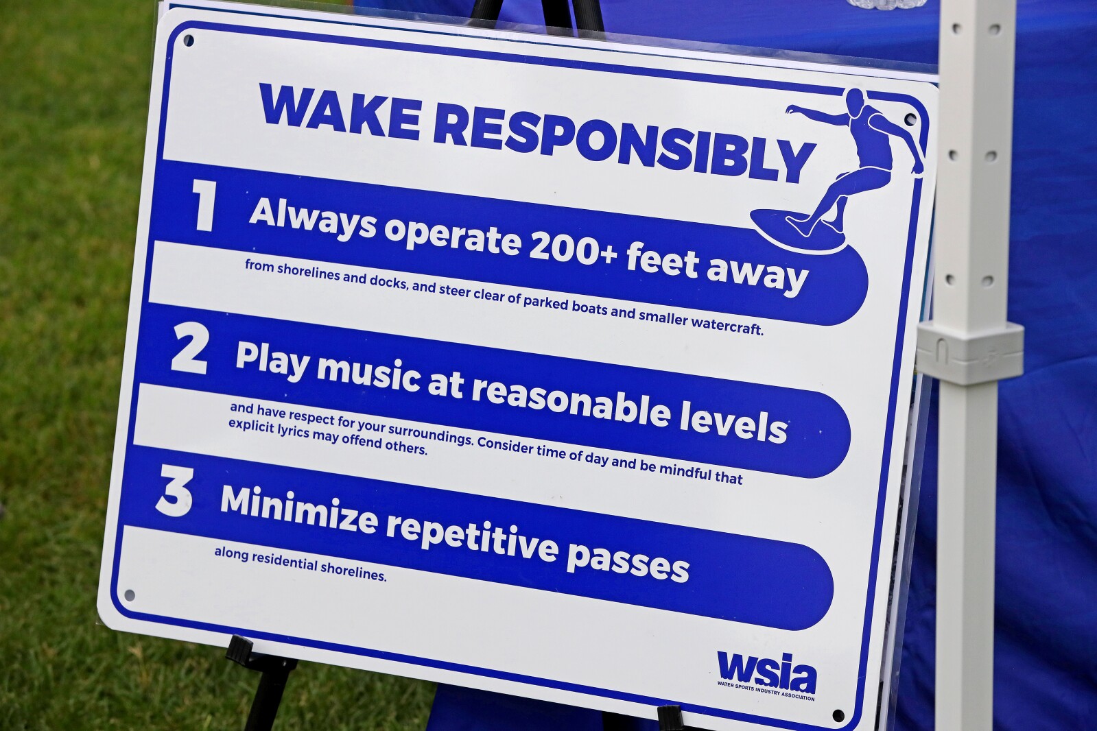 A wake responsibly sign at the presentation Saturday, June 18, 2022, during the ninth annual In-Water Boat Show at the Bar Harbor Supper Club on Gull Lake.