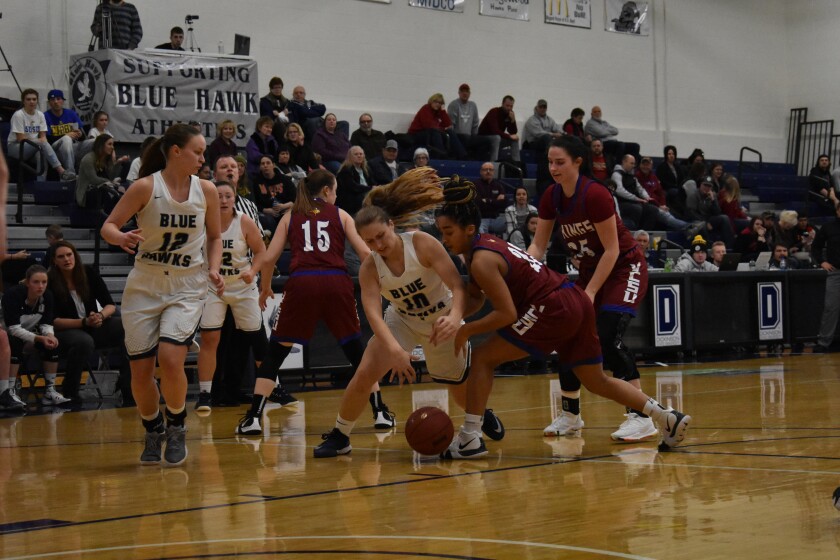 Dickinson State senior guard Lacey Waid battles for a loose ball in a game against Valley City State on Friday, Jan. 18, at Scott Gym. (Shelby Reardon / The Dickinson Press)