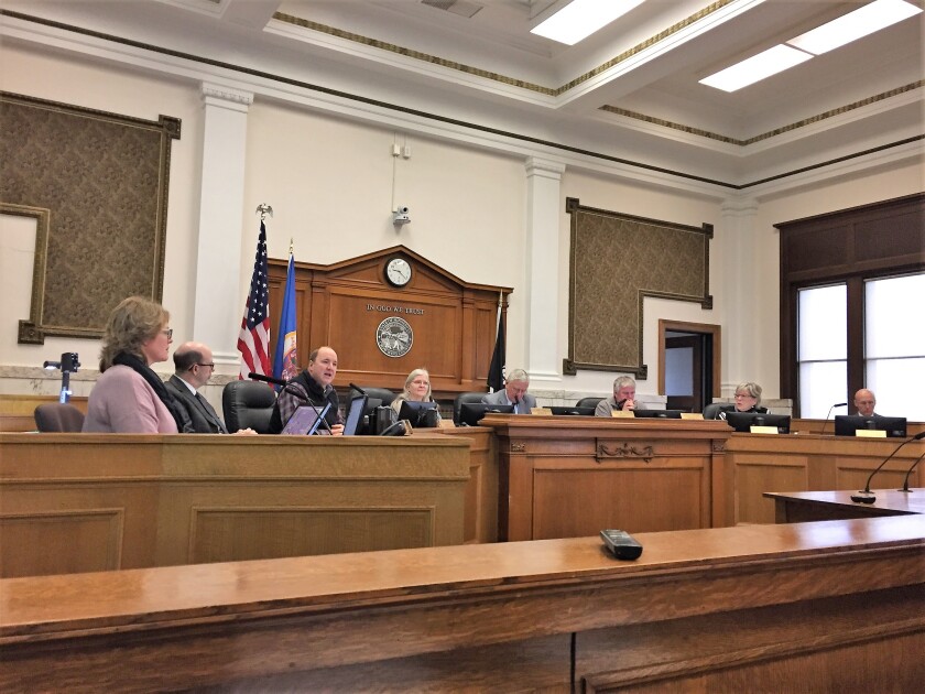 Crow Wing County Commissioner Paul Koering defends the board's record after commissioners were criticized during the open forum portion of the Tuesday, Nov. 27, meeting by Vic Kreuziger of Pequot Lakes. Frank Lee / Brainerd Dispatch