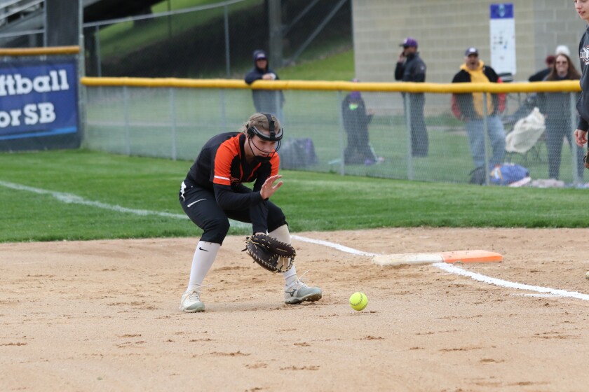 PR-B's Lindsey Tulenchik fields a grounder against the Braham Bombers on Tuesday, May 30.