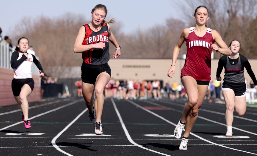 Worthington Trojans Bailey Newman edges out Marshall, Fairmont and Heron Lake-Okabena runners in the 100 yard dash at Track and Field meet held in Worthington Tuesday afternoon.