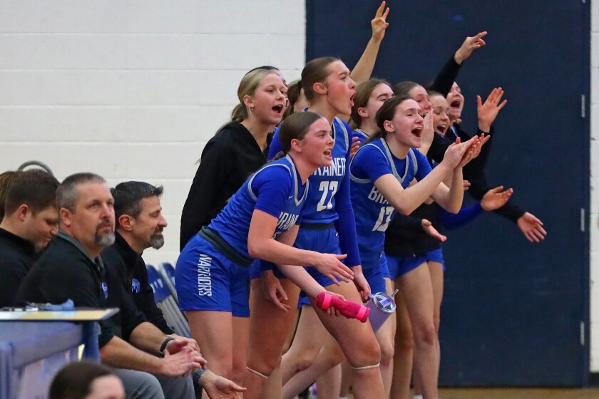 Brainerd's sideline applauds for a basket against Moorhead on Wednesday, February 26, 2025, in Brainerd.
