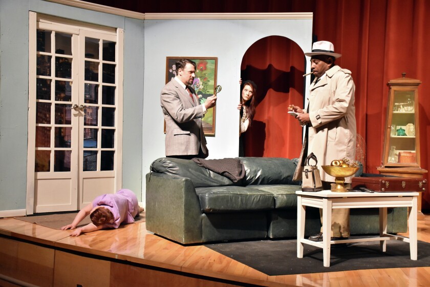 Lt. Columbo (Kevin Tendall), right, investigates the murder of Claire Flemming (Gillette Kempf), laying on the floor, along with Dr. Roy Flemming (Doug Curtis) and Susan Hudson (Madeline McCoy).