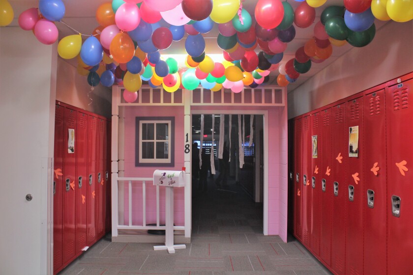 This hallway is designed to resemble the Pixar animated film"UP" for Trinity High School's spirit week. (Kayla Henson / The Dickinson Press)