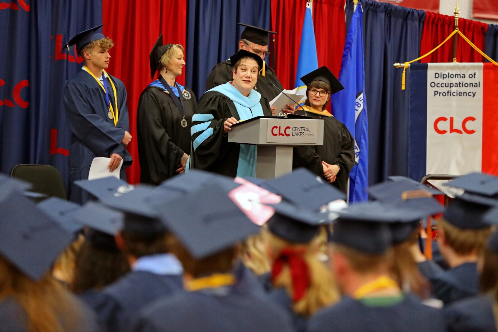 Central Lakes College president Hara Charlier addresses those in attendance Thursday, May 12, 2022, during the Career and Technical Programs Commencement at the Brainerd Campus.