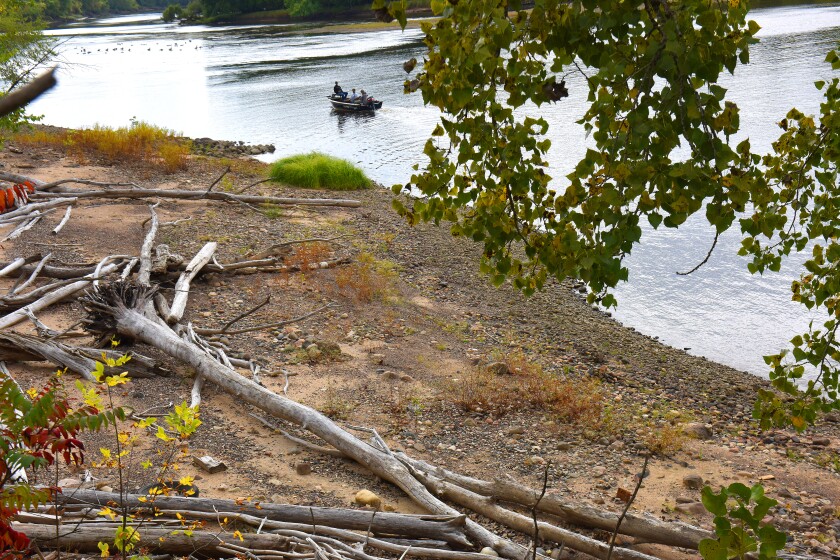 With a hint of fall leaf color on the banks, anglers fish the shallows Tuesday on the Mississippi River in Brainerd. Steve Kohls/ Brainerd Dispatch .
