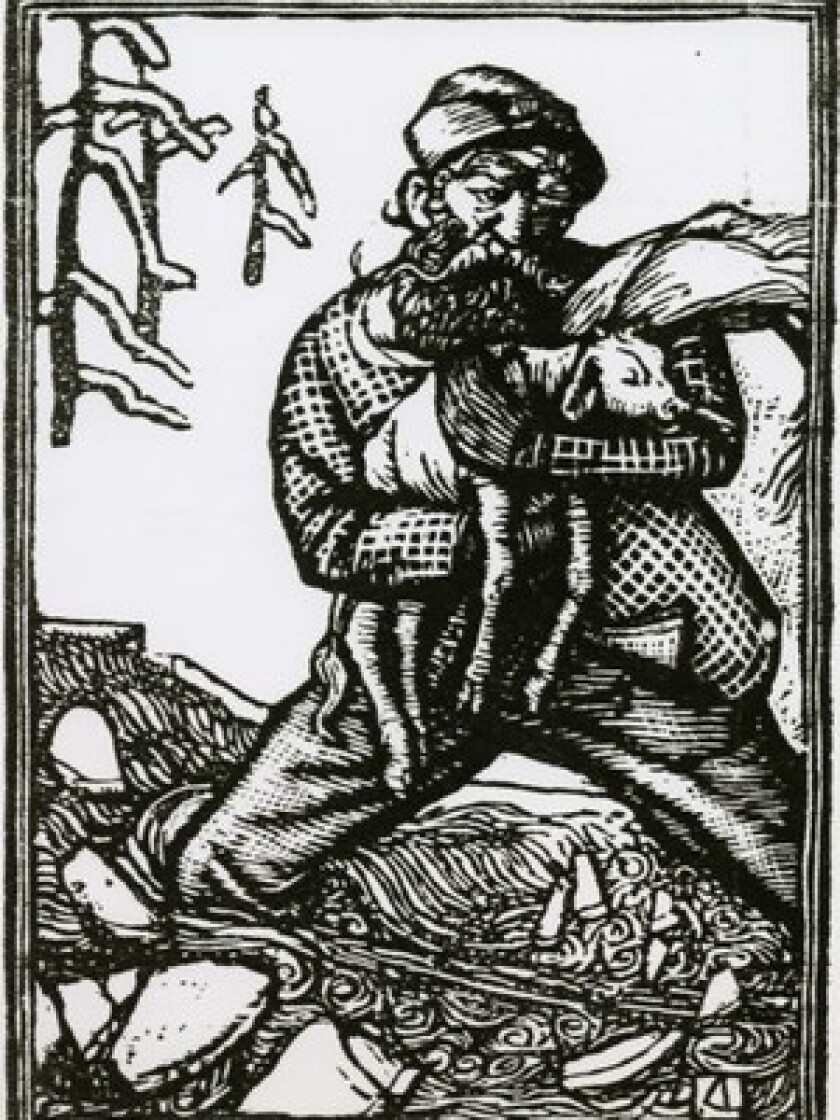 A woodcut illustration of Paul Bunyan carrying his blue ox Babe, when Babe was a calf.