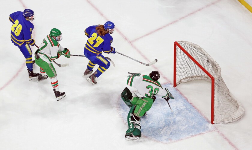 St. Cloud Cathedral's Reagan Garden flips a backhand shot past East Grand Forks goalie Tucker Brown as Jackson Savoie (29) and Nick Derrick trail the play Wednesday, March 8, 2017, during the Minnesota Class A state boys hockey tournament at the Xcel Energy Center in St. Paul.David Samson / The Forum