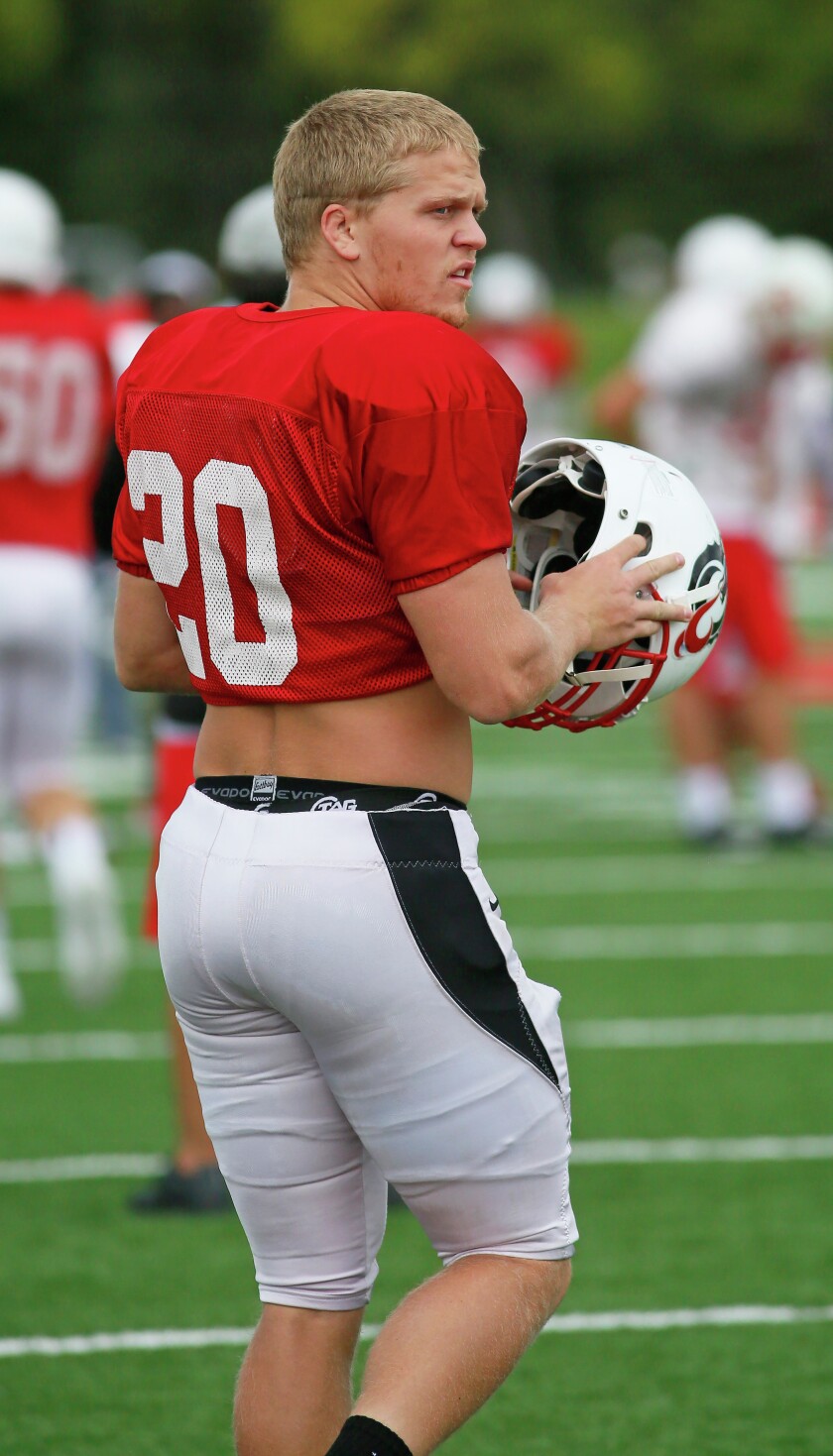 Minnesota State University Moorhead linebacker Abe Roehrich runs through drills during Dragons football practice this week.David Samson / The Forum