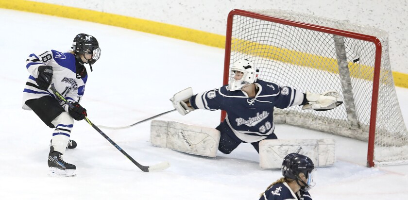 Proctor/Hermantown’s Jane Eckstrom (18) beats Hibbing goalie Addison Hess (30) for a first period goal
