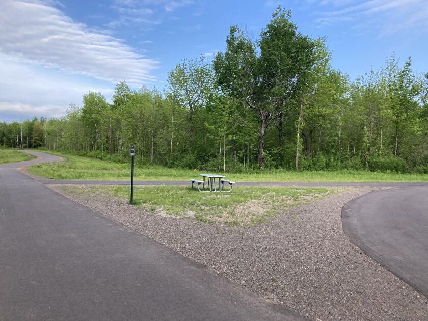A paved path diverges into three directions in a wooded area.