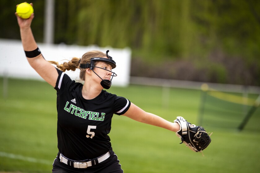 Litchfield senior Taylor Draeger throws a pitch while playing host to Watertown-Mayer High School on Tuesday, May 17, 2022.