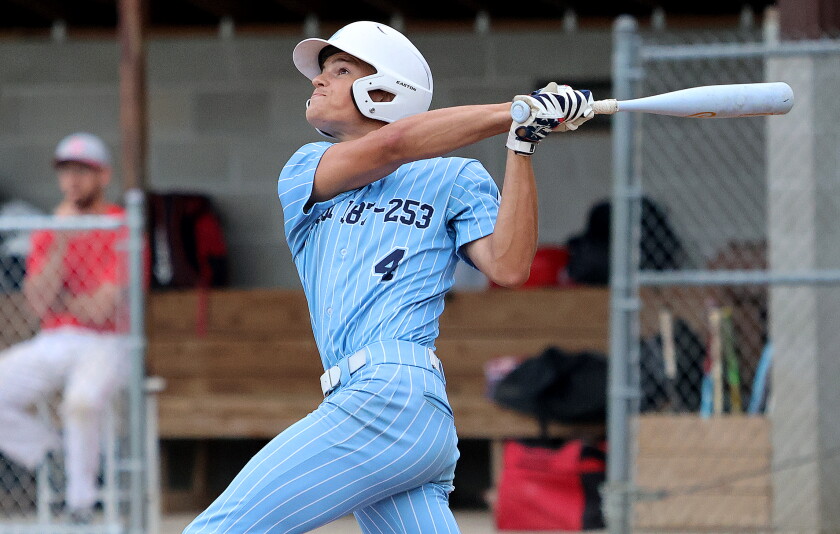 Glenwood-Lowry's Luke Danielson sends a ball to deep left field during a Division II West Central Sub-State Legion baseball playoff game against Redwood Falls on Thursday, July 23, 2026 at Montevideo.