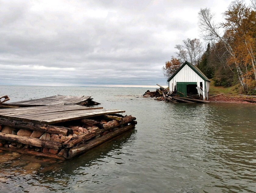 The Devils Island boathouse and dock in the Apostle Islands National Lakeshore were damaged by storms last fall. (Photo courtesy of Apostle Islands Historic Preservation Conservancy)