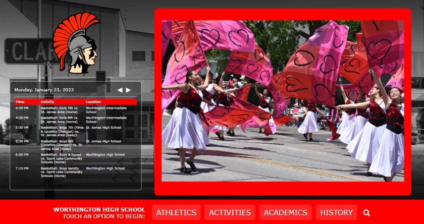 A screenshot from https://isd518.touchpros.com shows District 518 activities, including sports, other extracurriculars and history.