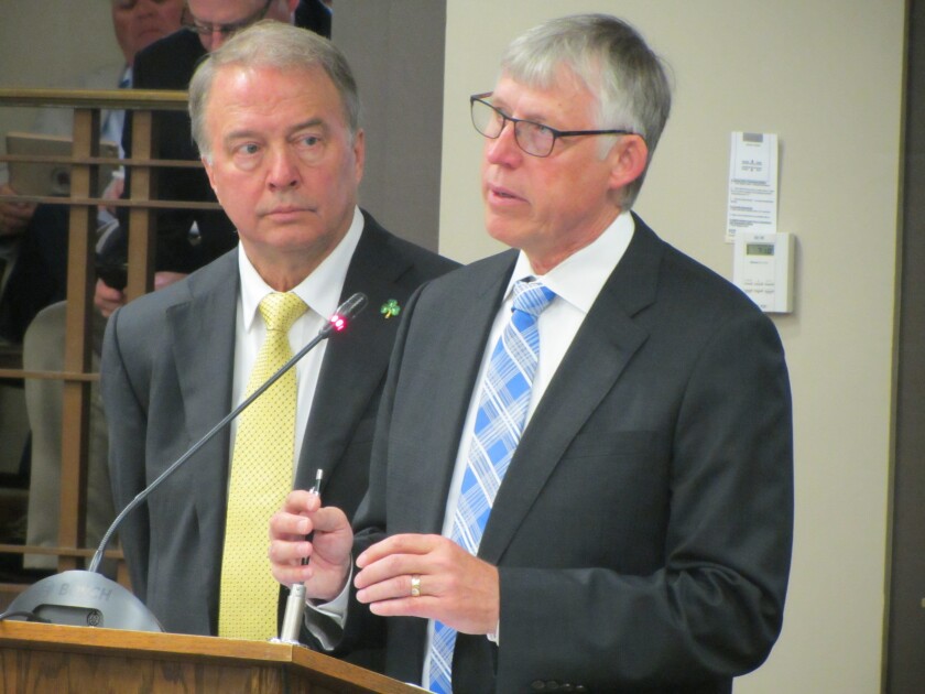 Fargo Mayor Tim Mahoney listens as Garrison Diversion Conservancy District Chairman Ken Vein speaks about the Red River Valley Water Supply Project on Thursday, Sept. 22, 2016, at the Capitol in Bismarck, N.D. Photo by Mike Nowatzki / Forum News Service