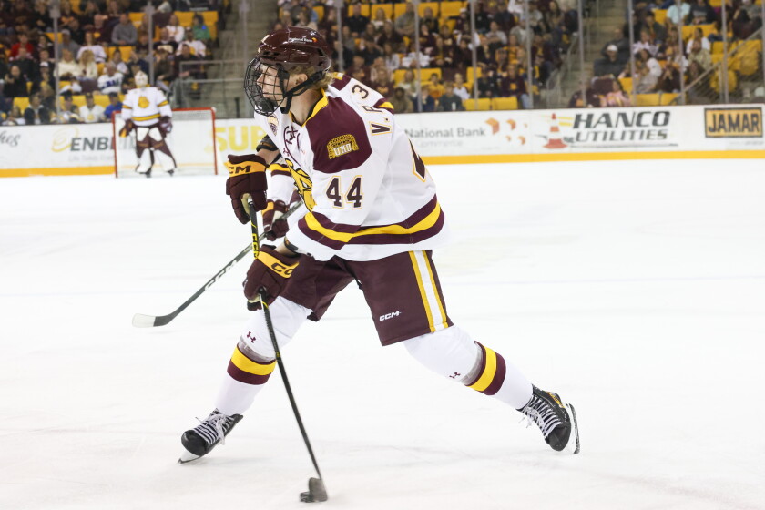 college men play ice hockey indoors