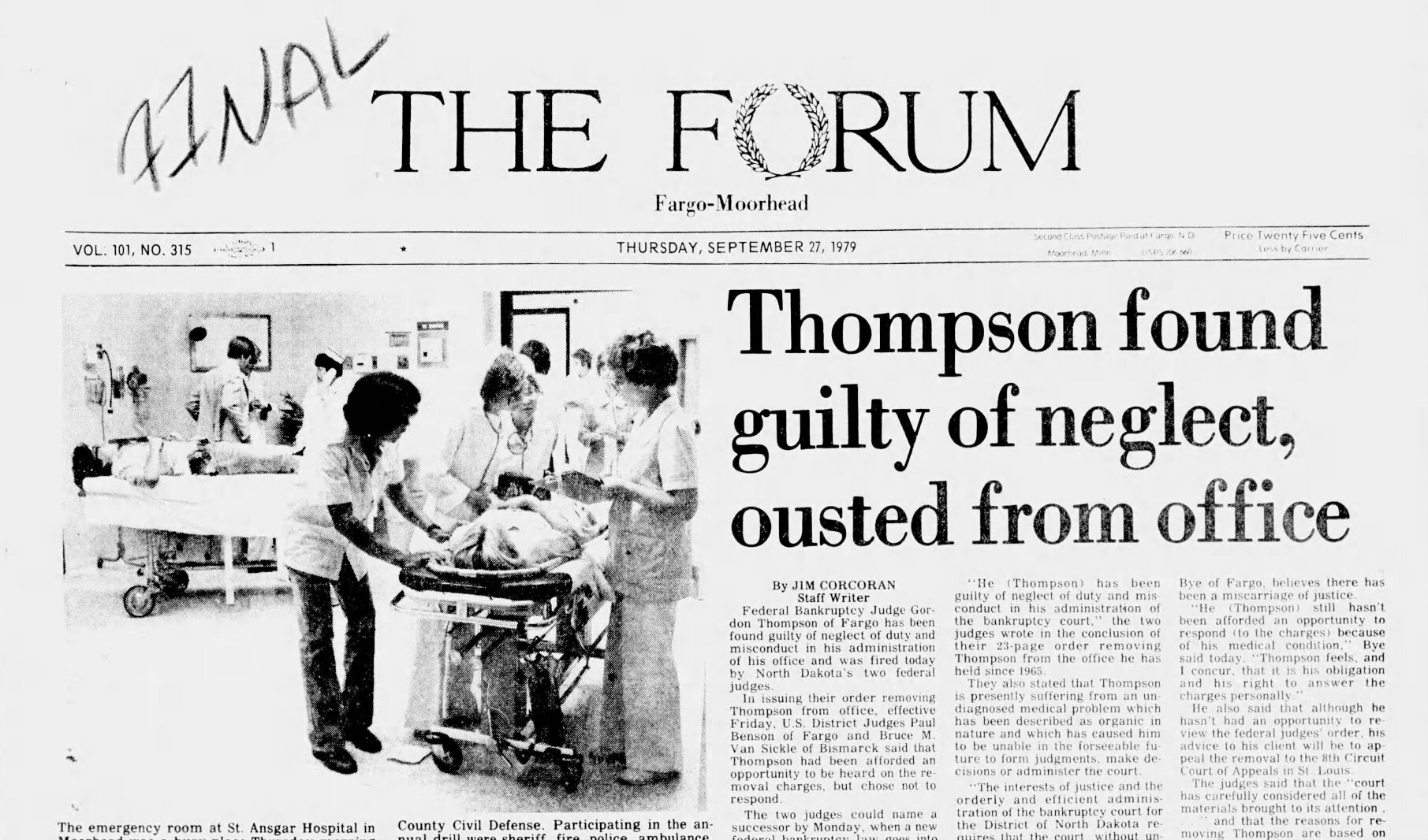 Coverage image for: Today in History, 1979: Federal bankruptcy judge in Fargo ousted from post