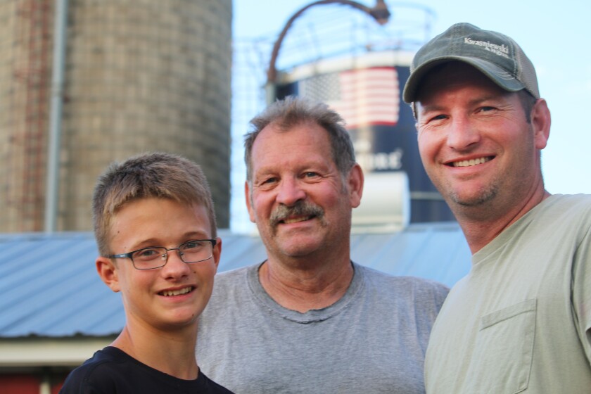 Dylan Bohn, 13, left, his grandfather, Harlan, 63, and his father, Greg, 37. Dylan is the sixth generation of Bohns to live on the family farm near Twin Brooks, S.D., in central Grant County. (Forum News Service/Agweek/Mikkel Pates)