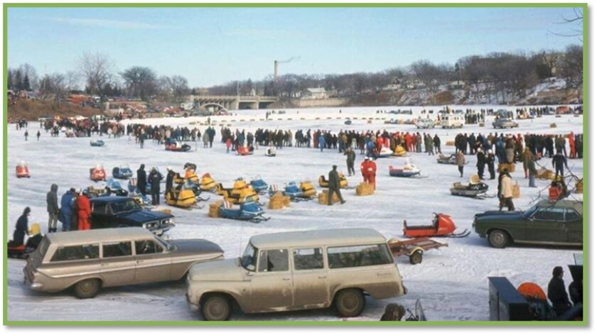 Lake Redwood was a popular recreation destination during all of seasons, as this undated photo of snowmobile races can attest.