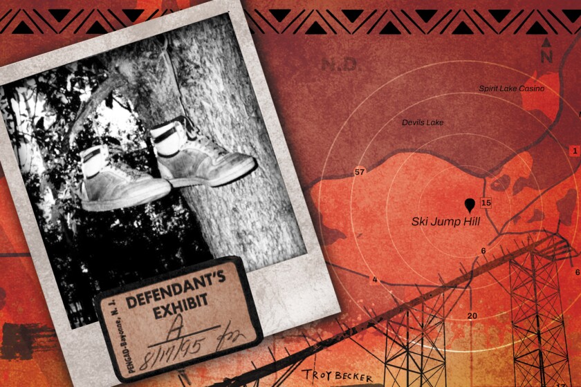 A photo illustration focuses on Ski Jump Hill, which is depicted with a pindrop and radar lines on a map. At left is a black and white Polaroid photo of two high top shoes hanging by their laces on a tree. A sticker on the Polaroid labels it as defendant's exhibit a.