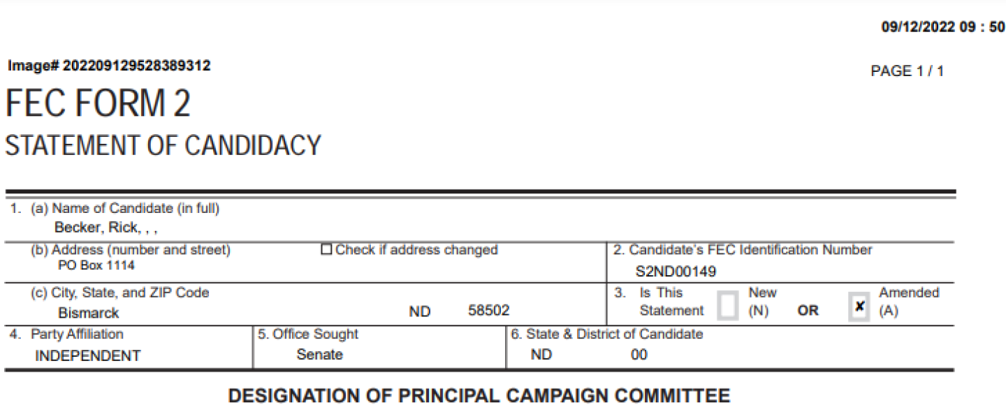 Rick Becker's amended statement of candidacy as filed with the FEC on 09/12/2022.