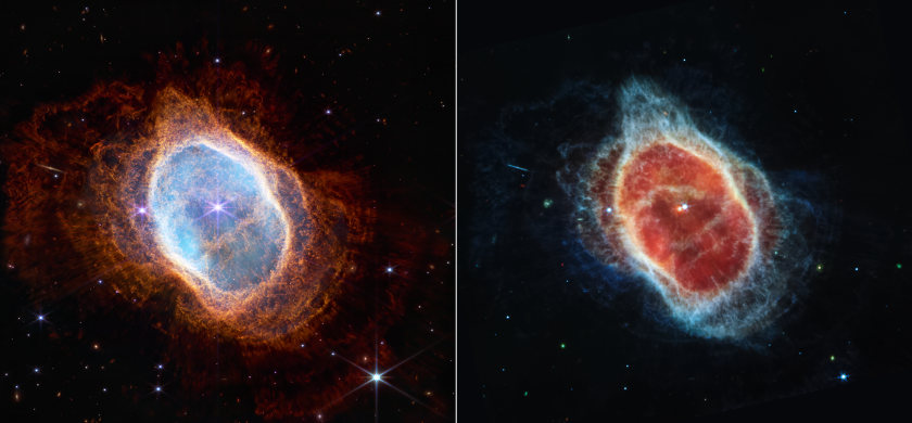 Two images side by side. The left shows a very detailed red cloud around a round, irregular misty shape with a star in the middle. The right shows a less detailed version, in which the colors are reversed and the cloud appears smaller.