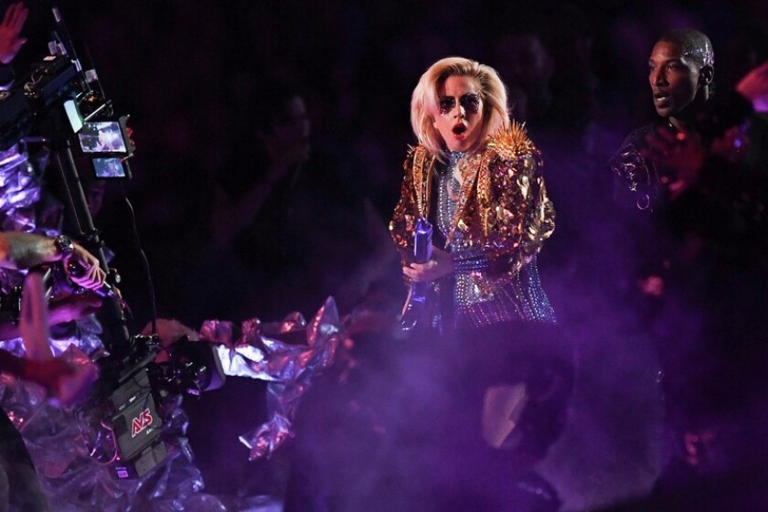 Lady Gaga performs during halftime between the Atlanta Falcons and the New England Patriots during Super Bowl LI at NRG Stadium in Houston on Sunday, Feb. 5, 2017. Bob Donnan / USA TODAY Sports