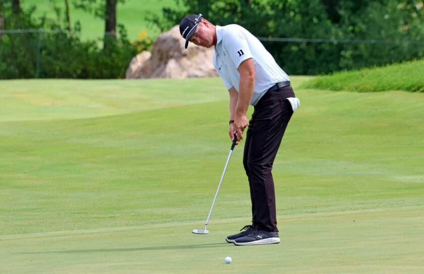 Golf Luke Gannon putts the ball on Friday, Aug. 29, 2025, during the PGA Tour Americas CRMC Championship presented by Northern Pacific Center at Cragun's Legacy Courses.