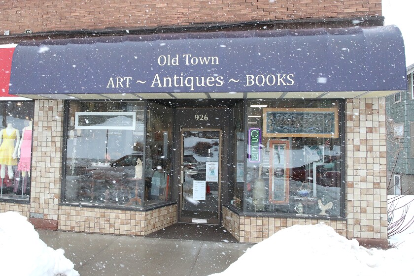 Antique shop in snow.