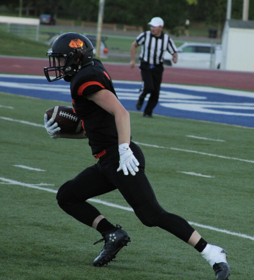 Dickinson High junior Connor Hoenke returns a punt against Fargo North Aug. 26 at the Biesiot Activities Center. (Parker Cotton / The Dickinson Press)