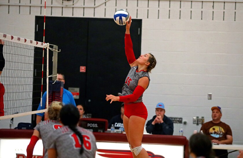 Central Lakes College's Jacey Rydberg hits the ball against Rainy River on Saturday, Oct. 1, 2022, at Brainerd.