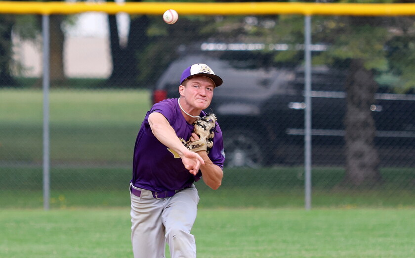 Montevideo shortstop Griffin Epema throws across the diamond during a Division II West Central Sub-State Legion baseball playoff game against Parkers Prairie on Thursday, July 23, 2026 at Montevideo.