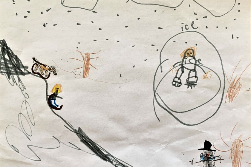 Weather drawing if kids skiing and skating in the winter.