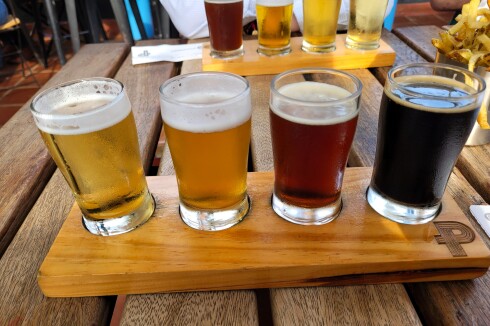 four small glasses filled with different colored liquid, sitting on wooden board
