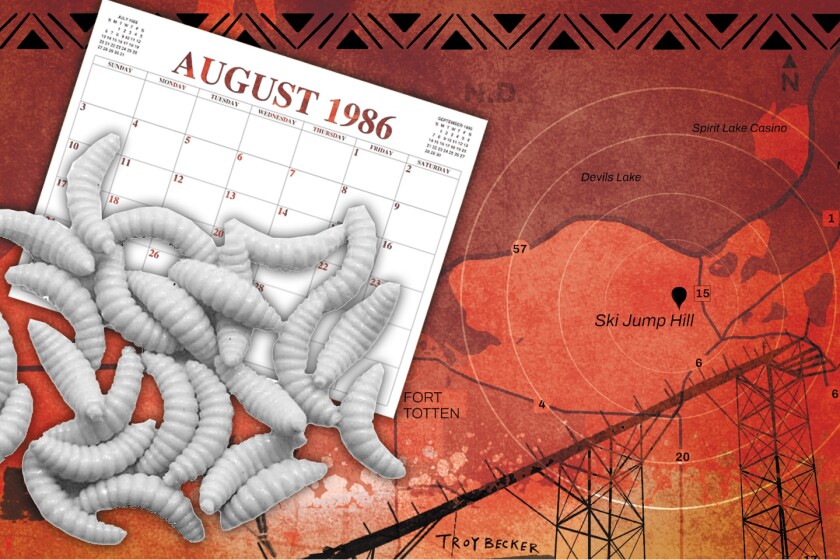 A photo illustration focuses on Ski Jump Hill, which is depicted with a pindrop and radar lines on a map. At left are maggots with a calendar of August 1986.