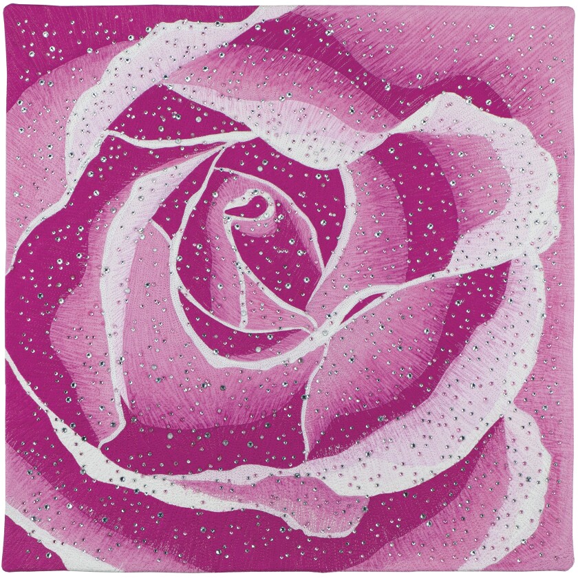 Quilt artwork depicting a pink rose