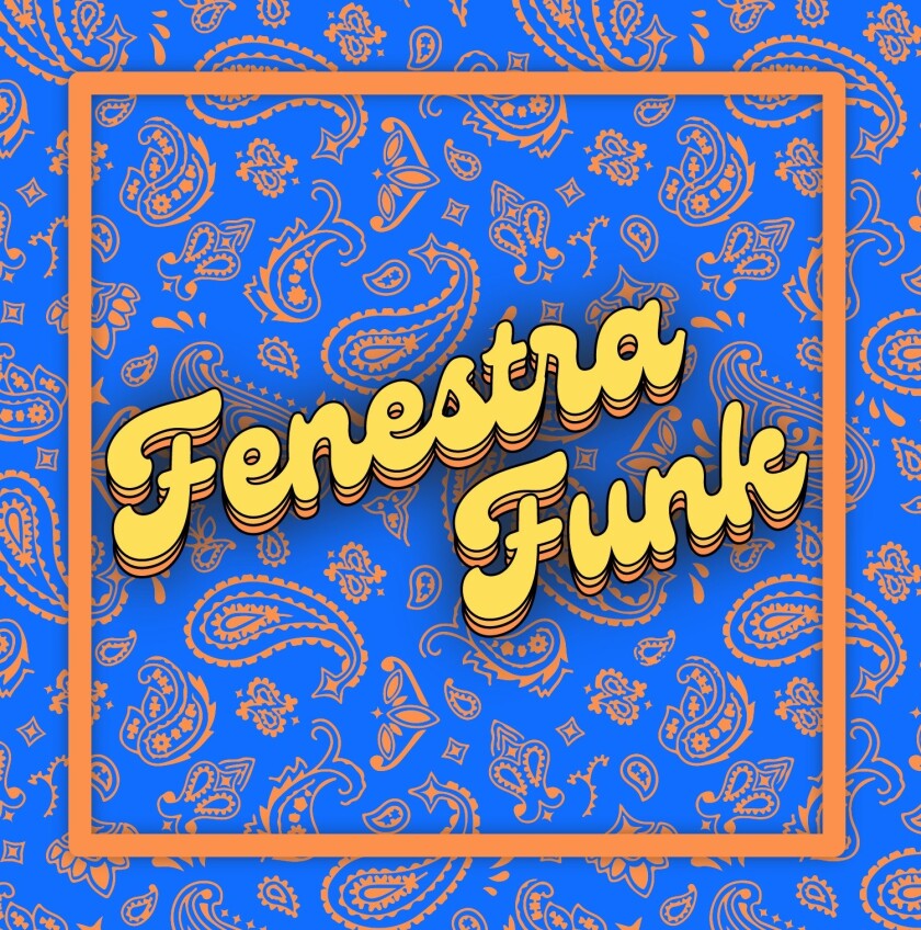 Fenestra Funk self-titled album cover, with band's name in stylized yellow text against an orange-on-blue paisley background