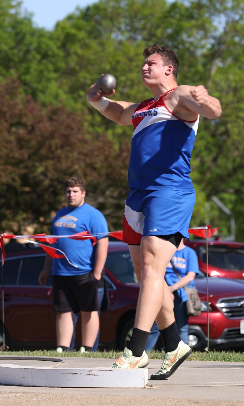 Tracy-Milroy-Balaton Panthers Tony Nelson takes first place in the shot put during the Subsection Track and field Championships held in Luverne Thursday afternoon.
