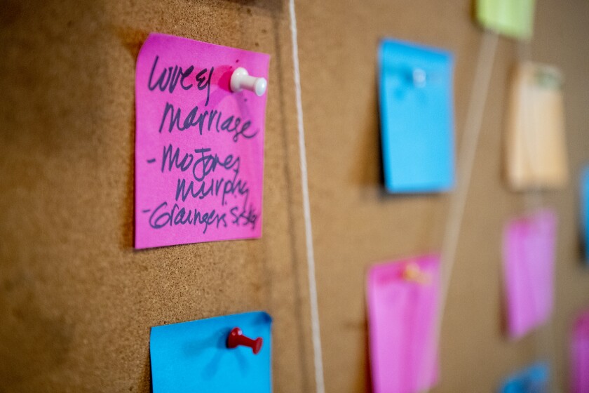 Post-it notes outlining the plot for her most recent novel in progress sit on a cork board above ME Fuller's writing station in her Montevideo home on Thursday, August 4, 2022.
