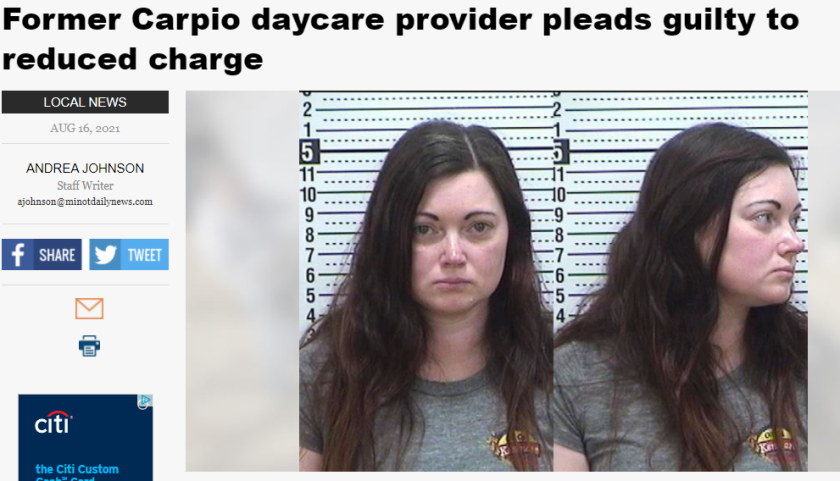 Screenshot of a Minot Daily News article about the criminal charges against Sarah Babinchak