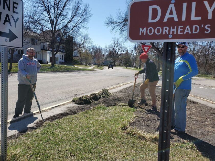Three men with shovels remove sod.