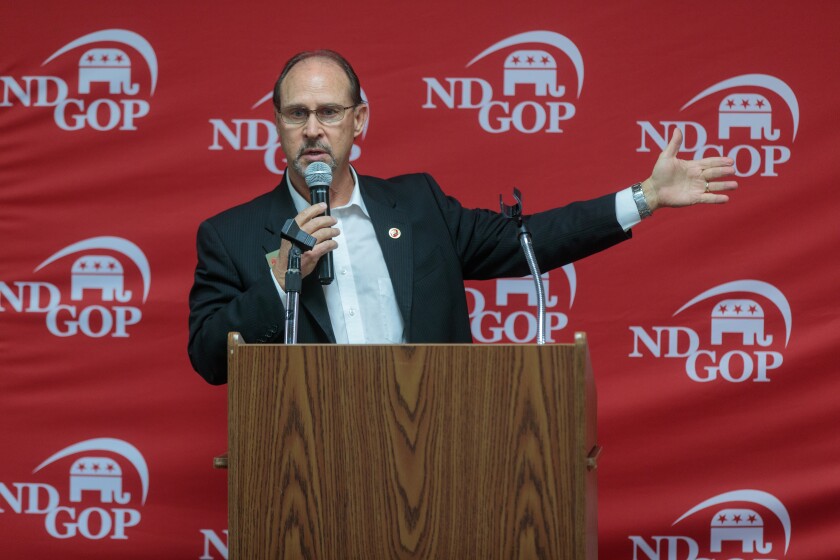 North Dakota Republican Party Chairman Perrie Schafer speaks during an election party in Bismarck on Tuesday, Nov. 8, 2022.
