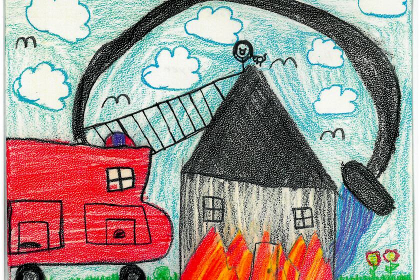 Drawing of a fire truck and firefighter putting out a fire at a house.