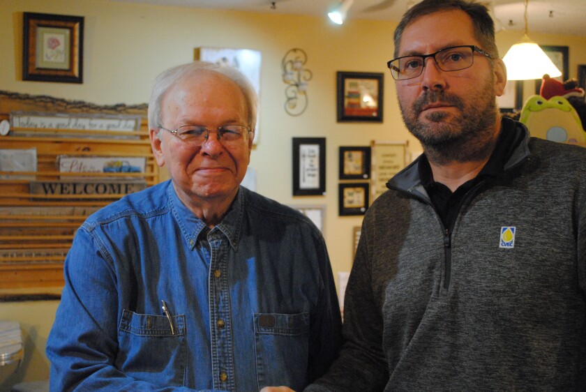 Tom Cherveny / Tribune Truman Homme, left, of BioPro, and Chad Friese, of Chippewa Valley Ethanol Company, will ask the Benson City Council on Monday to consider a proposal to allow them to develop a steam energy operation on the former Fibrominn site to power the ethanol plant. They believe there is plenty of room to co-locate there with Brightmark Energy, which wants to acquire the former power plant property in order to produce renewable natural gas.