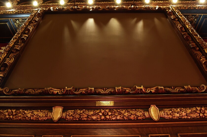 The large paintings which have adorned the walls of the Governor's Reception Room at the State Capitol Building in St. Paul for decades have been removed while the room was recently renovated and all that remains are the nameplates of the missing paintings. (Pioneer Press: Scott Takushi)