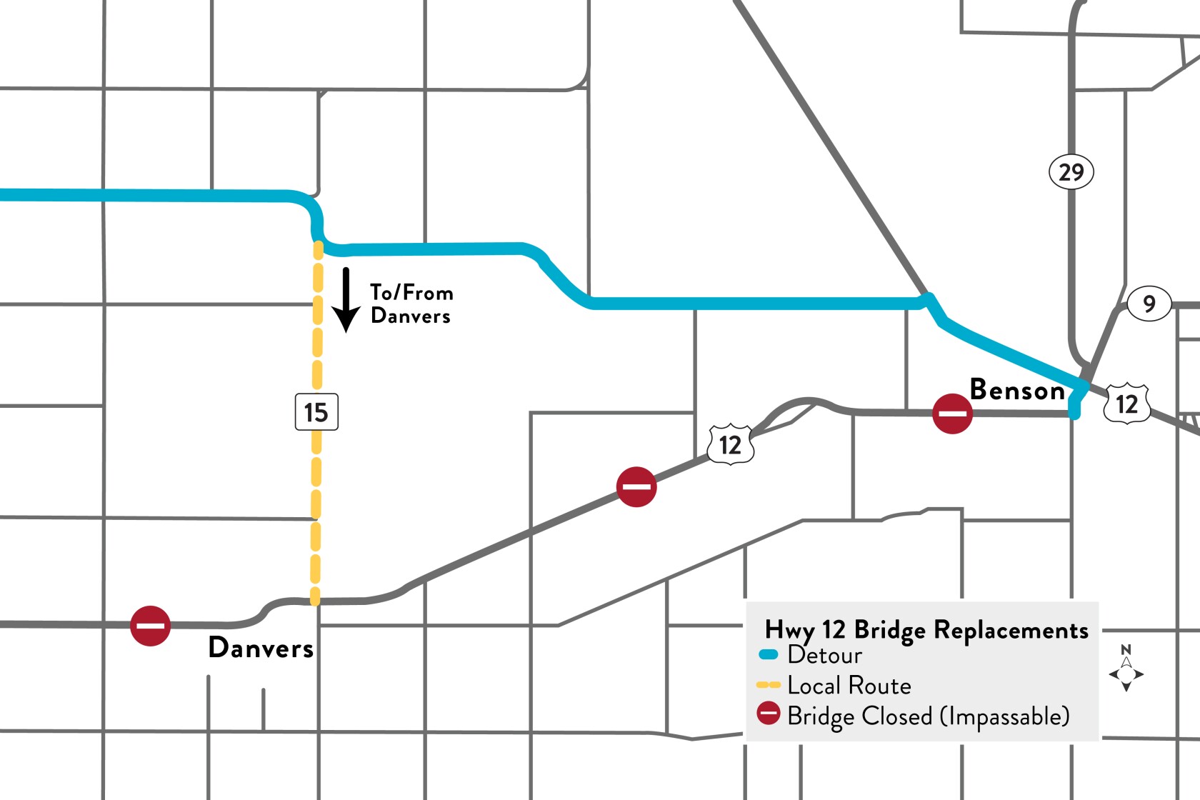 U.S. Highway 12 bridge west of Benson, Minnesota, to close beginning ...