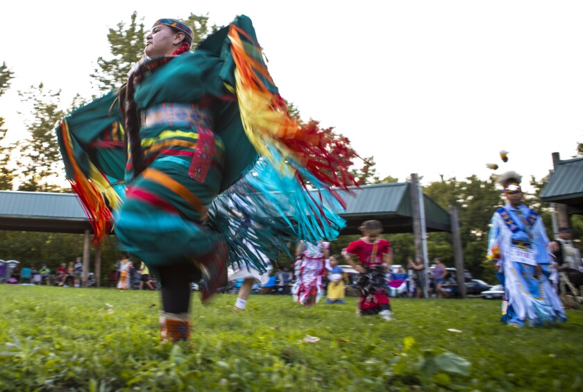 Dancers participate in the Upper Sioux Community's traditional WACIPI on the evening of Friday, August 5, 2022.