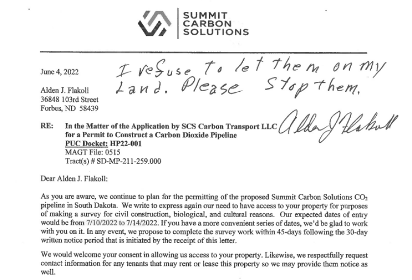 A portion of a letter from Summit Carbon Solution to a landowner, included as part of an exhibit in a court filing in South Dakota.